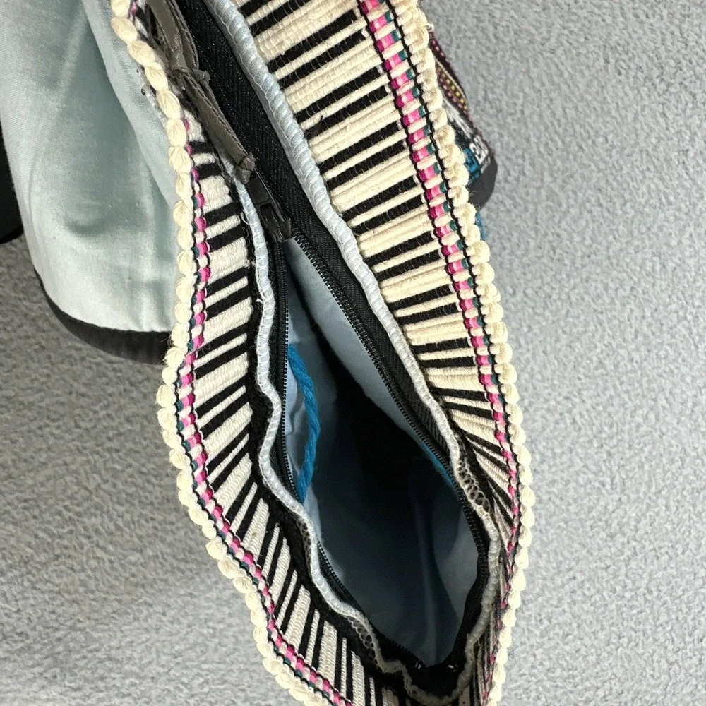 Boho Woven Tribal Aztec Backpack Blue Black Tassel Lined Front Zip Pocket Hippie